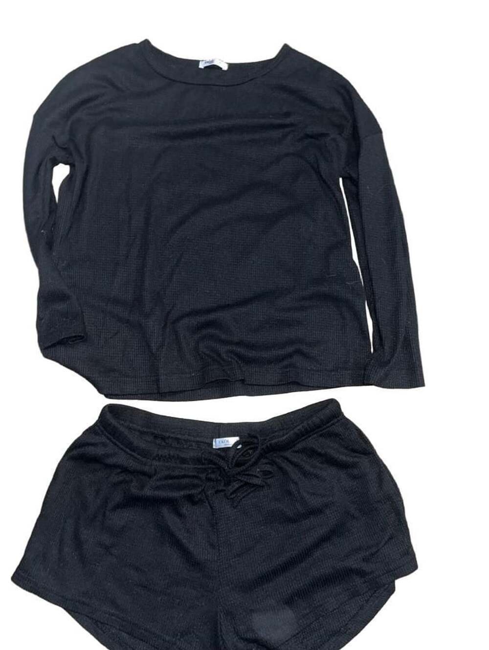 Ekouaer Waffle Knit Pajama Set Size M Black Long Sleeve Top Shorts